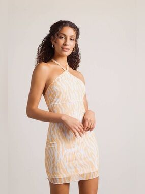 Sunlit Zebra Print Halter Mini Dress in Yellow & White Native Daughters small
